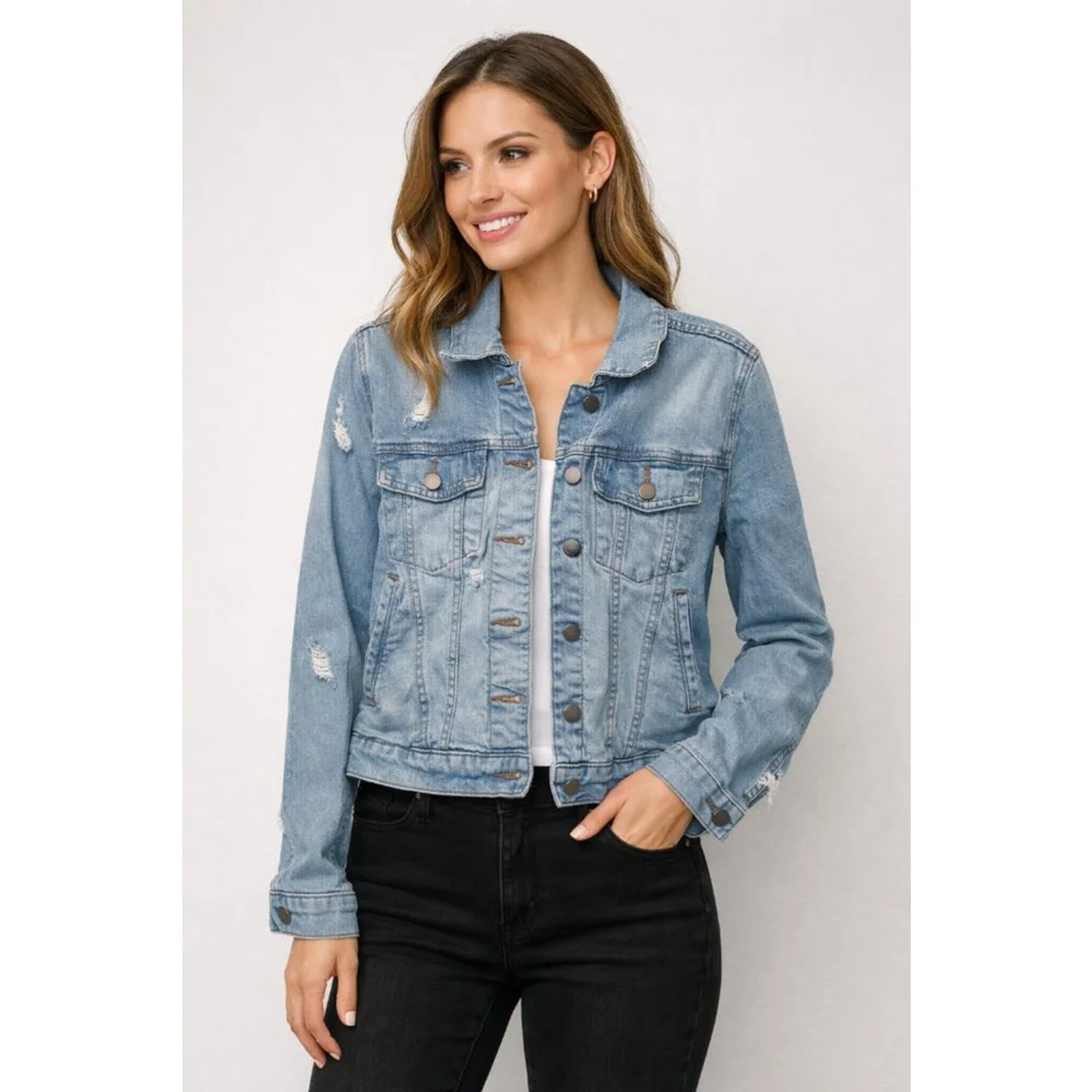 KUT From The Kloth Distressed Denim Jacket Small | Light Wash Stretch Jacket - Picture 1 of 5
